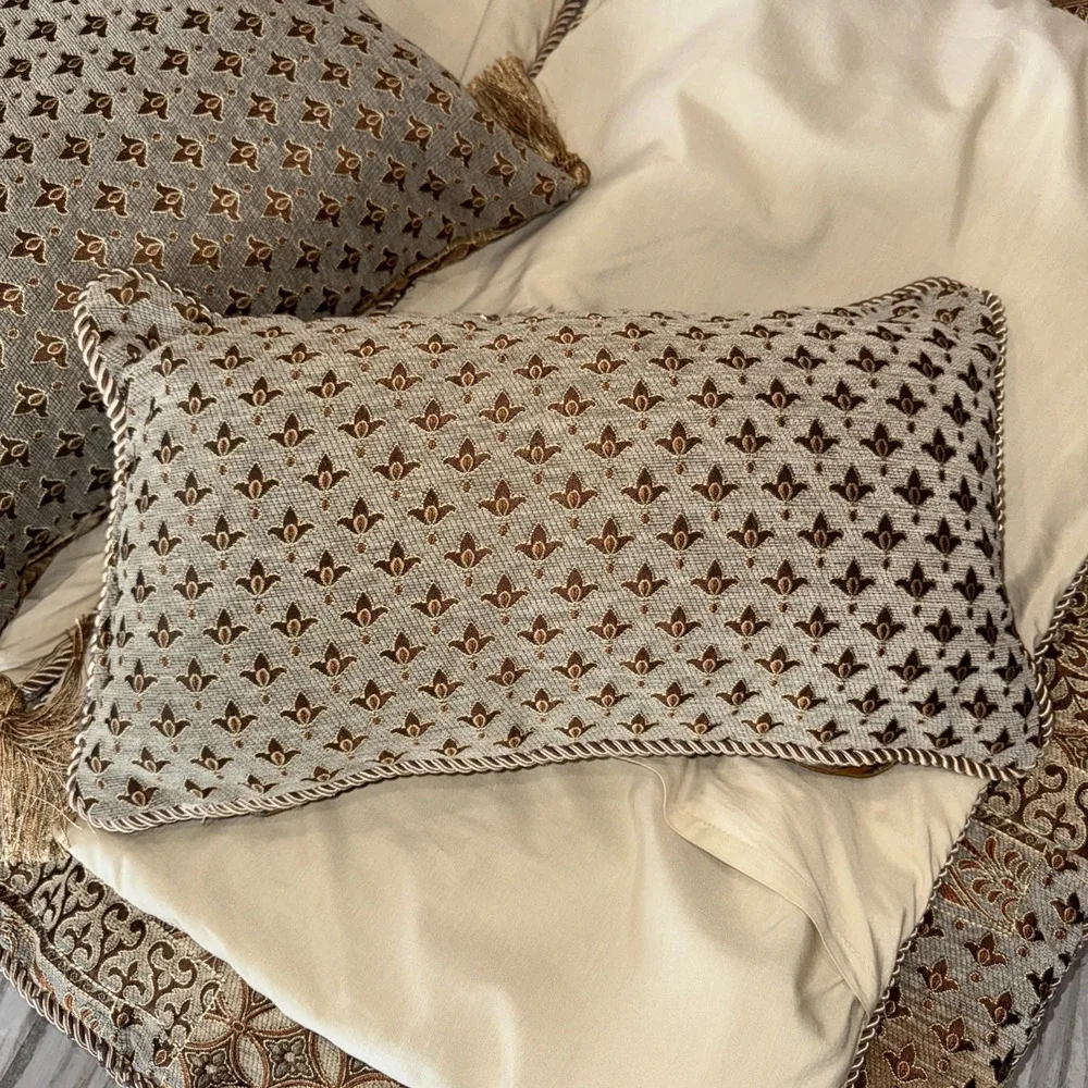 Vintage Brocade Fabric Bedspread Queen Shams Decorative Pillows Gold Tan Browns